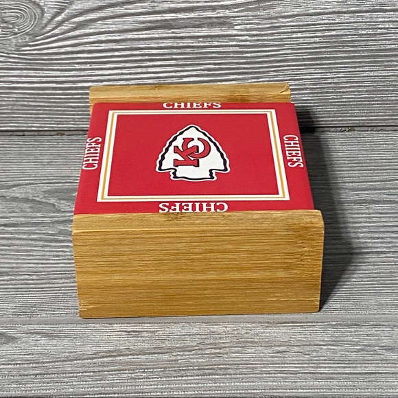 Kansas City Chiefs Coasters With Wood Caddy - Set Of 4 - Resin 4x4 Inch - New - Picture 2 of 11